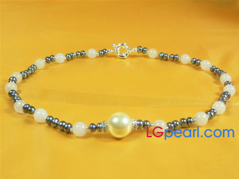 5-6mm button shaped black pearl necklace with topaz